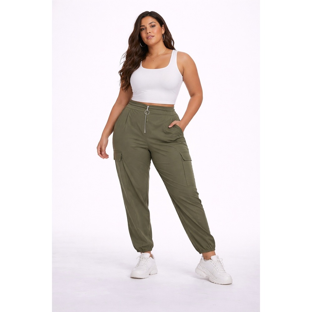 Fashion to Figure Olive Cargo Jogger Pants Women 2x Zip‎ Front Relaxed Utility